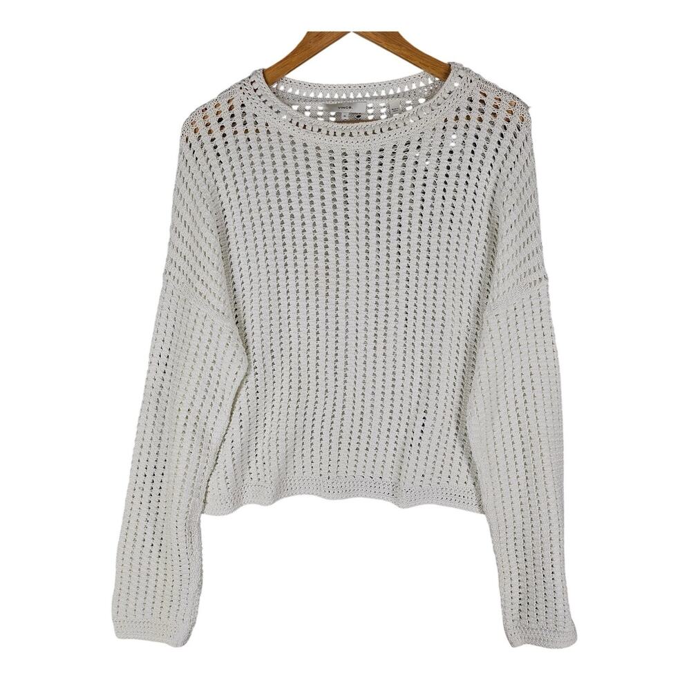 VINCE WOMEN’S WHITE CROCHET LONG SLEEVE CREW SWEATER – YARN FROM ITALY – SIZE XL
